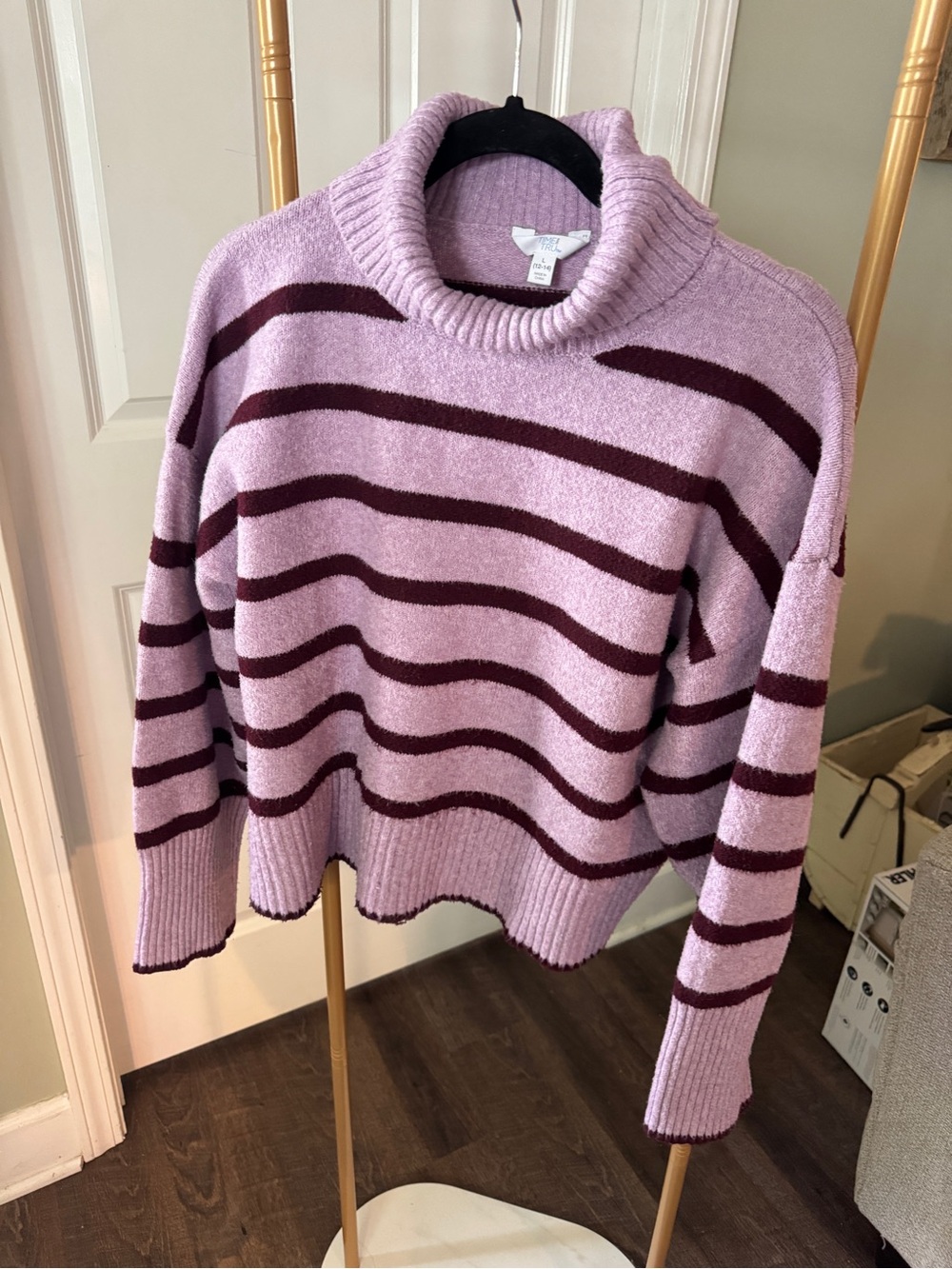 Time and Tru Lavender Turtleneck Sweater with Maroon Stripes
